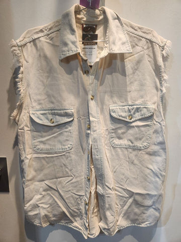BIKER DESIGN Sleeveless Button Up Denim SHIRT, MED