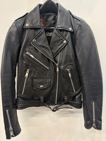 STRAIGHT TO HELL Biker Classic Leather JACKET, SM