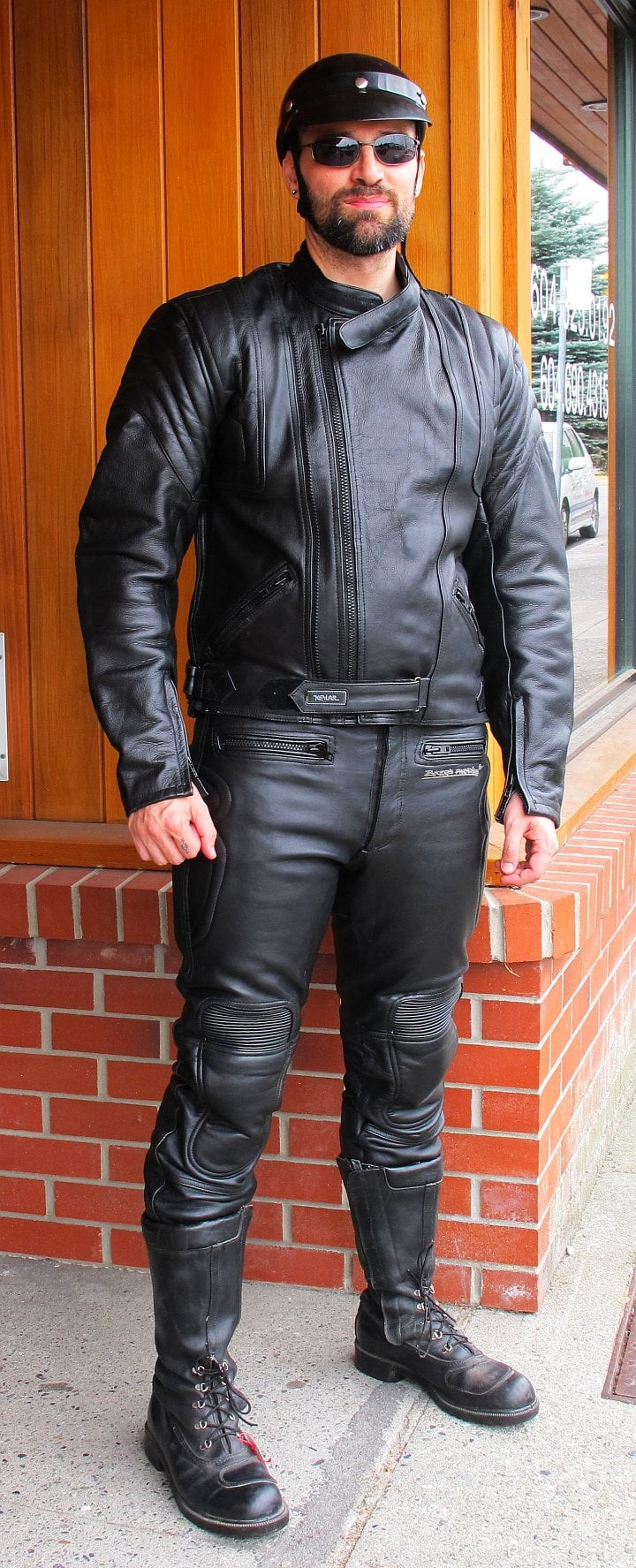 Two Piece Motorcycle Suit – Black Leather and Abrasion-Resistant Fabric * (and Royer Boots)